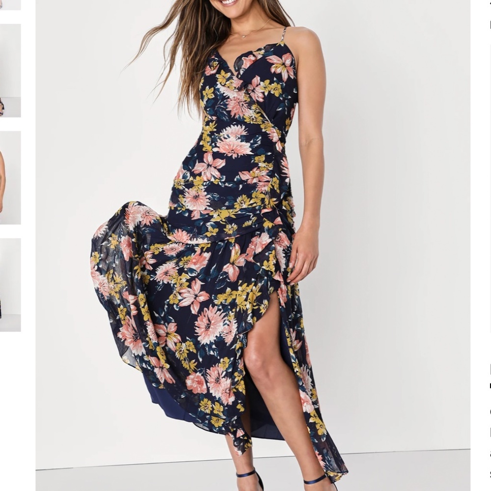 Stunning Soiree Navy Blue Floral Print Ruched Midi Dress